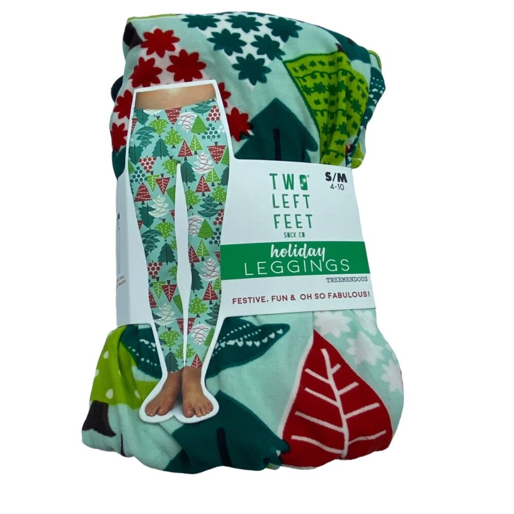 Two Left Feet Holiday Leggings‎ S/M 4-10 Festive Christmas Trees Print NEW